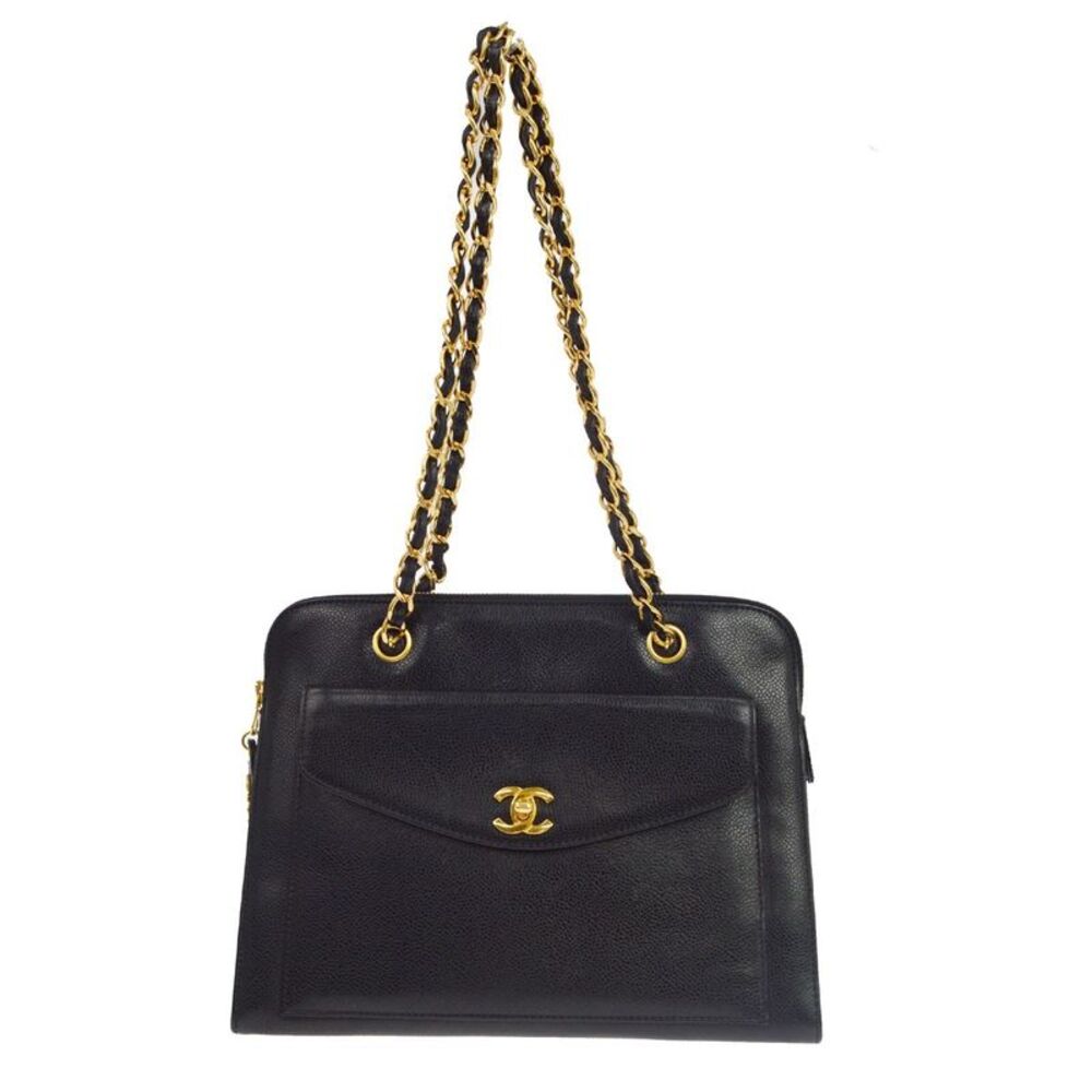 Chanel Vintage Front Pocket Quilted Caviar Black Leather Shoulder Bag Bag